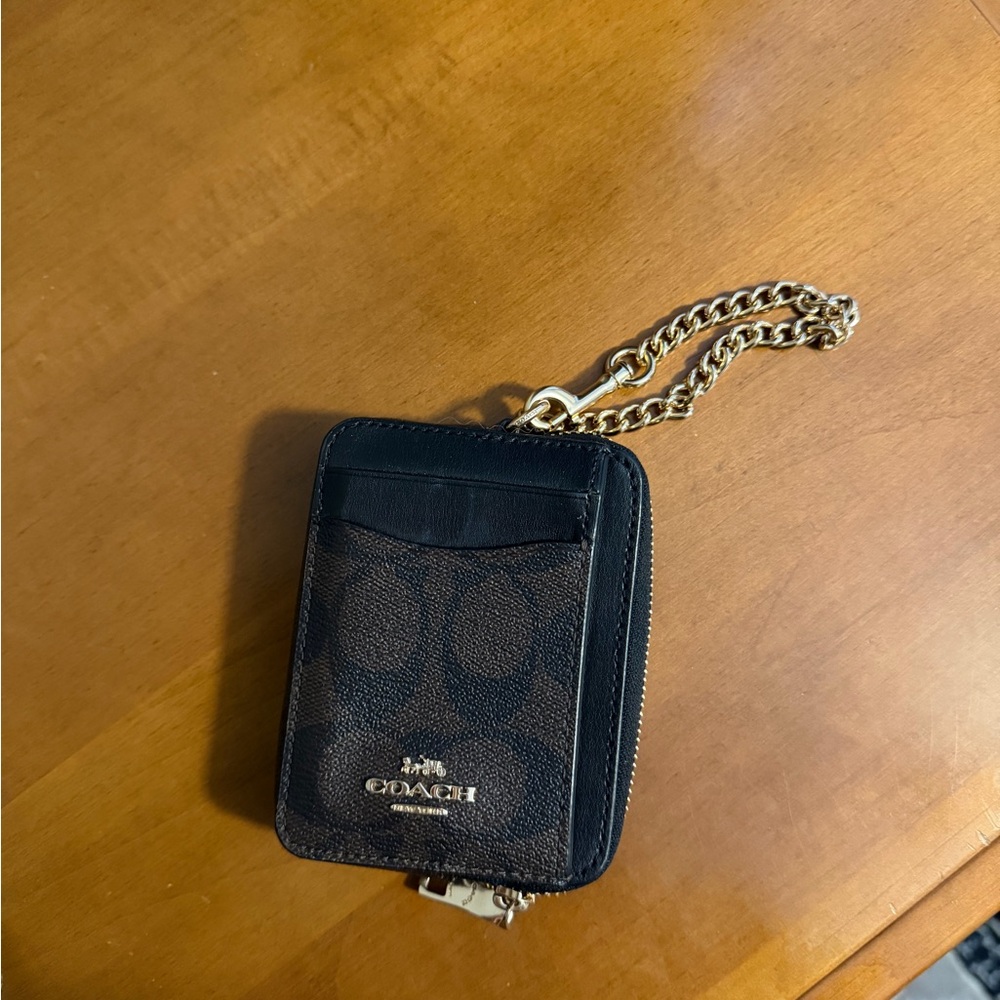 Coach Black and Brown Card Holder with Gold Chain